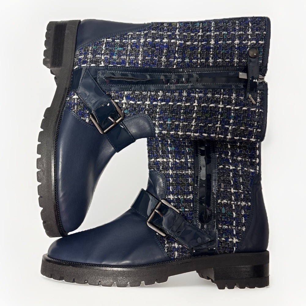 VALENTINA RANGONI Navy Blue Tweed Patent Trim Lug Sole Boots 9.5 M /40 MSRP $495